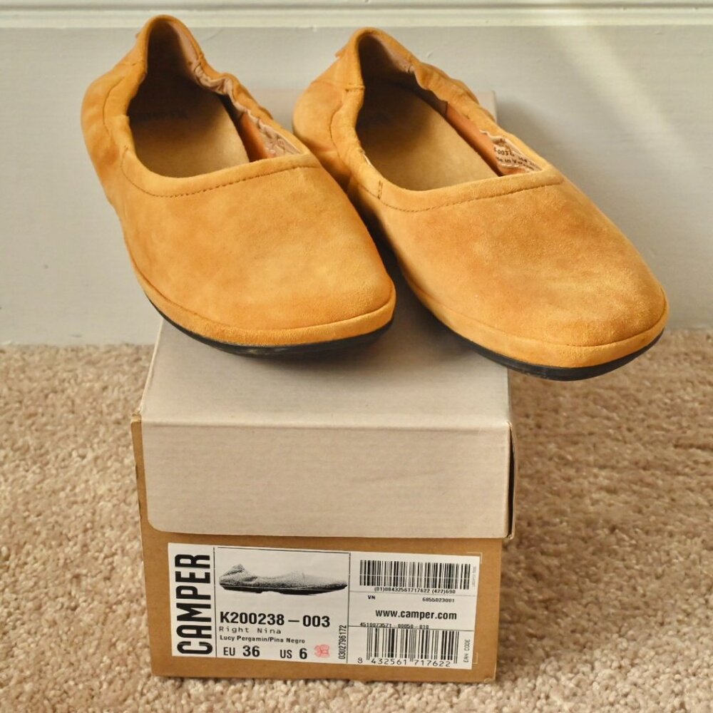Camper Right Nina Ballerina Shoes - Golden Tan Suede